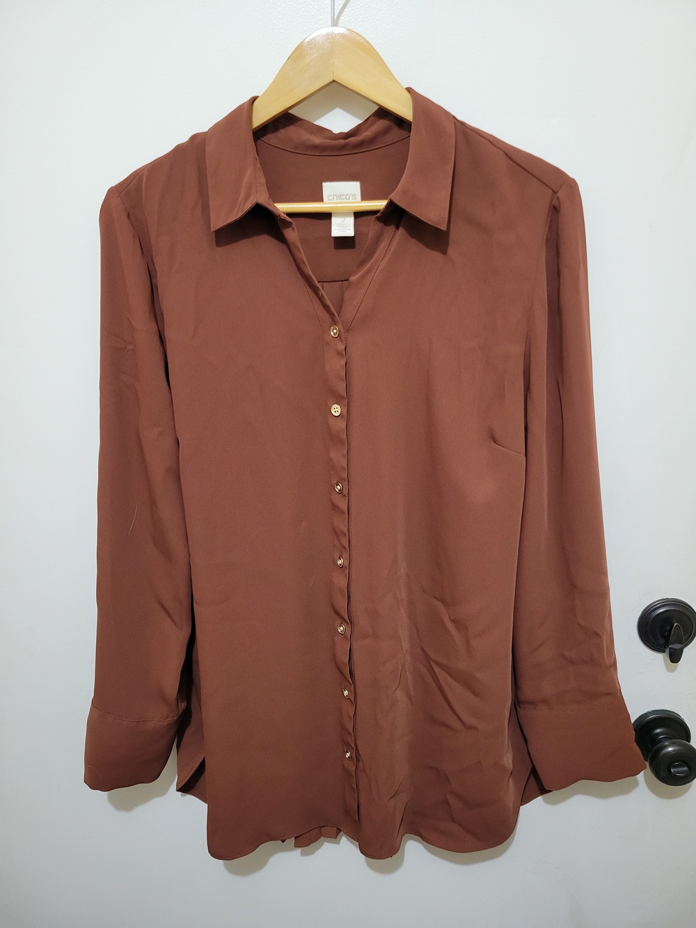 Chico's Womens Brown Button-Front Y-collar Neckline Blouse Long Sleeves - Sz 2